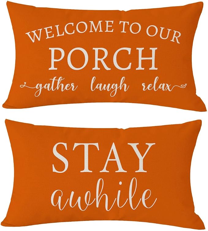 PANDICORN Welcome to Our Porch Stay Awhile Farmhouse Throw Pillow Covers 12x20 by PANDICORN