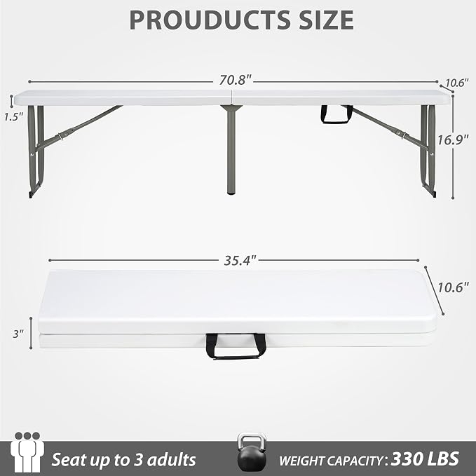 6ft Plastic Folding Bench with Carrying Handle & Lock, Portable Outdoor Bench - Image 3
