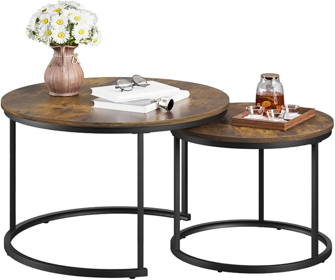 Smuxee Rustic Nesting Coffee Table Set of 2, 27.6" Round Coffee Table Wooden - Image 8
