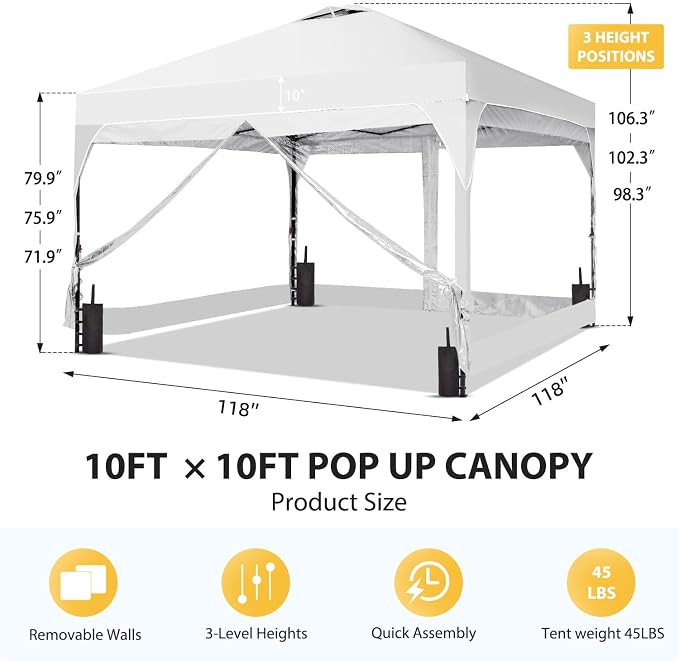 10x10 FT Pop Up Canopy with 4 Clear PVC Sidewalls, Instant 1-Button Push Canopy - Image 4
