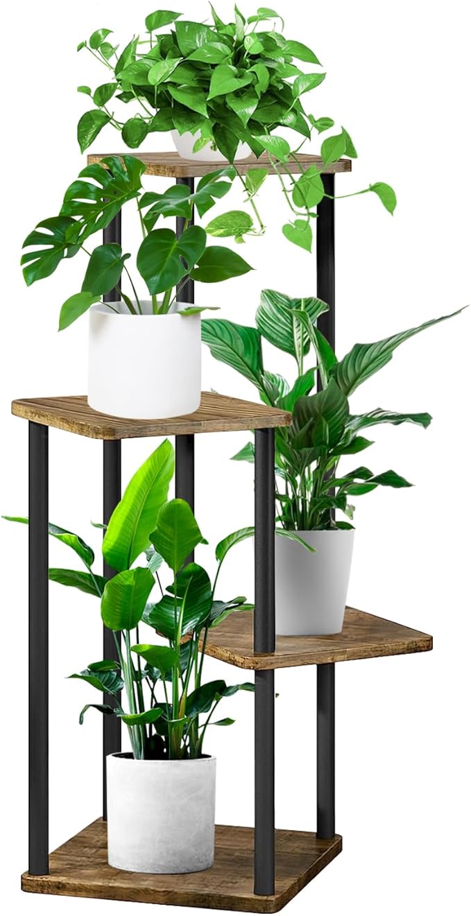 4 Tier Plant Stand Indoor, Thickened Metal Wood Corner Plant Shelf Stands by YOCOMEY
