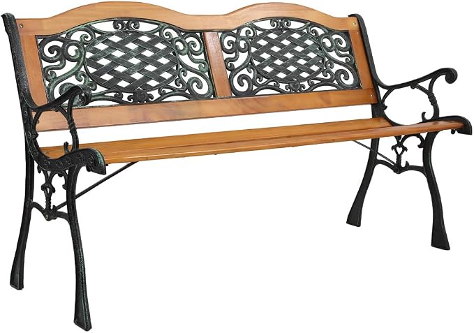 49'' Patio Bench, Outdoor Garden Bench, Cast Iron & Hardwood Structure - Image 6