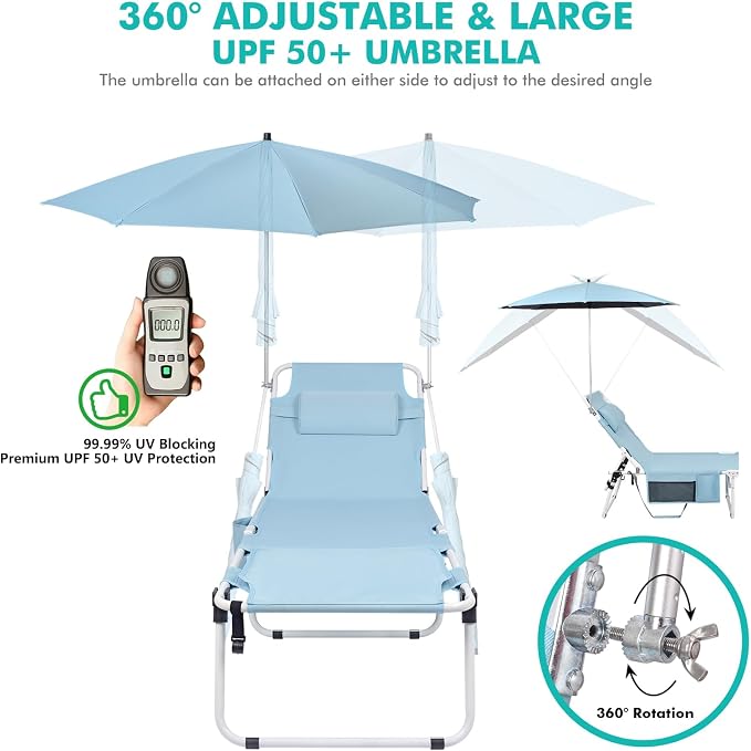 Tanning Chair with Umbrella UPF 50+ Adjustable, Heavy Duty Folding Chaise - Image 5