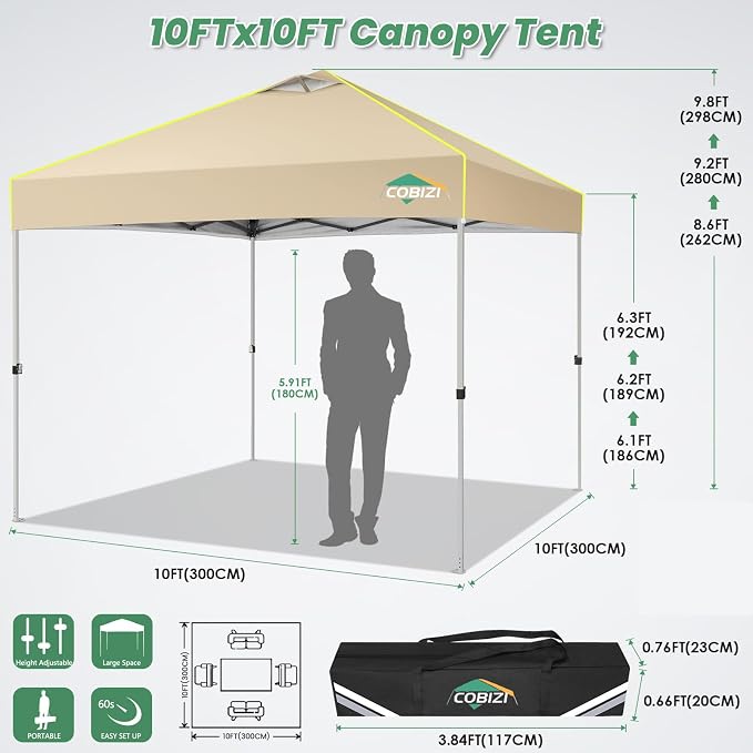 COBIZI 10x10 Pop Up Canopy Tent Without Removable Sidewalls, One Push Party - Image 3