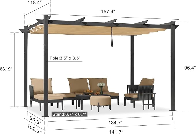 PURPLE LEAF 10' x 13' Aluminum Outdoor Pergola Wind-Resistant Retractable - Image 2