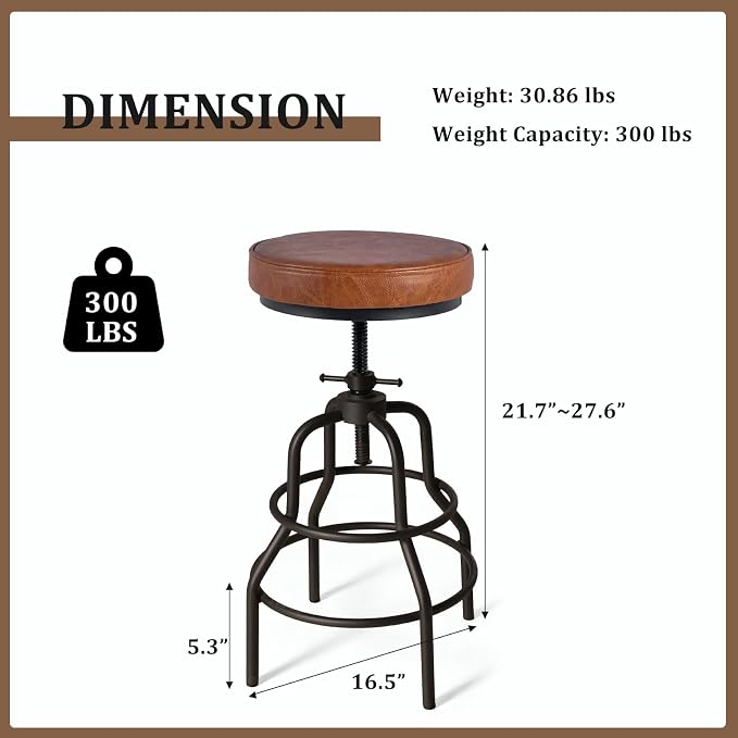LOKKHAN Industrial Bar Stools-Swivel Leather Metal Bar Stool-20-27 Inch Tall - Image 3