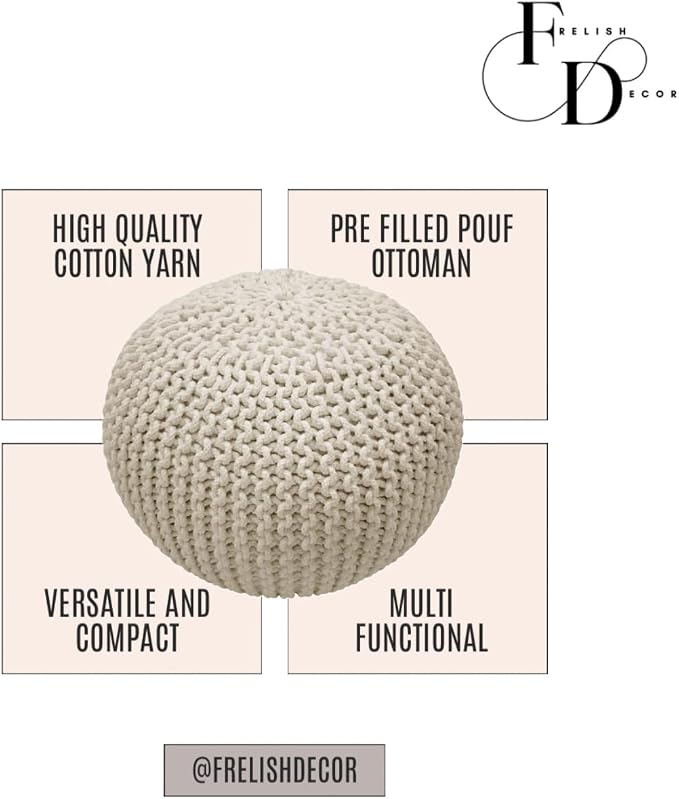 FRELISH DECOR Round Pouf Ottoman Hand Knitted 100% Cotton Pouf Foot Stool - Image 5
