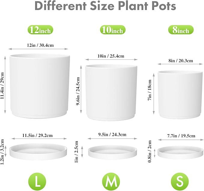 12/10/8 inch Large Plant Pots, 3 Pack Deep Cylinder Flower Pots - Image 2