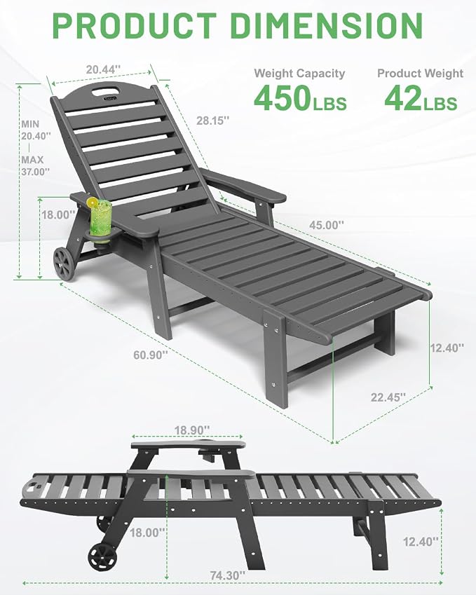 Lounge Chair Outdoor, Chaise Lounge Outdoor, HDPE 6-Position Lounge Chair - Image 3