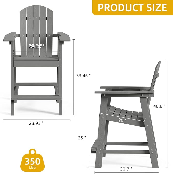 DWVO 25" Tall Adirondack Chair, Poly Bar Height Balcony Chairs, Weather-Durable - Image 3
