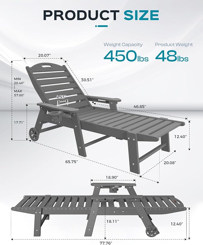 Ciokea Outdoor Lounge Chair Set of 4, All Weather Patio Chaise Lounge Chair - Image 3
