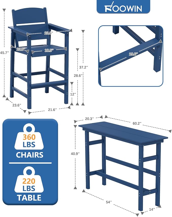 FOOWIN 3 Piece Outdoor Bar Height Table and Chairs, All Weather HDPE Patio Bar - Image 2
