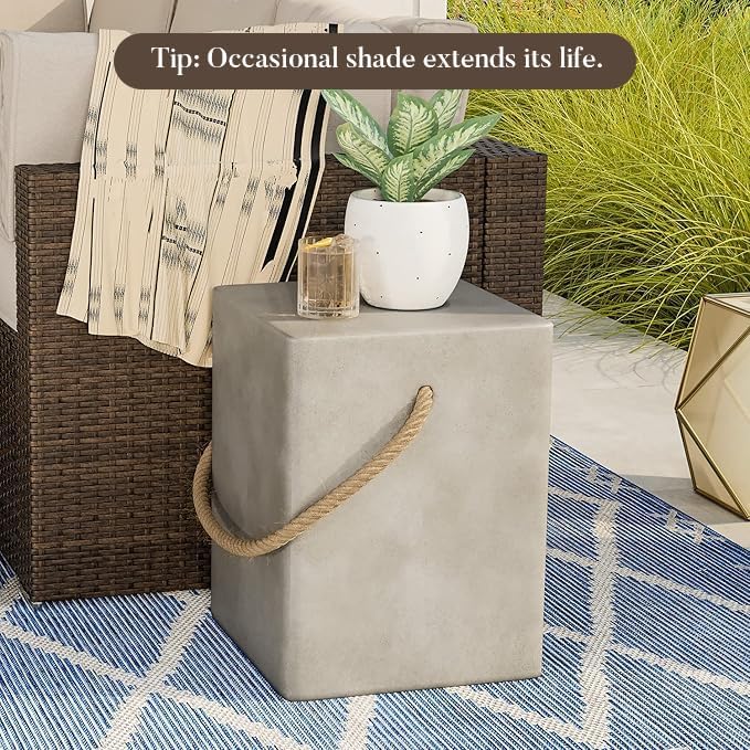 COSIEST Concrete Side Table, Rectangular Outdoor Side Table w Hemp Rope Handles - Image 4