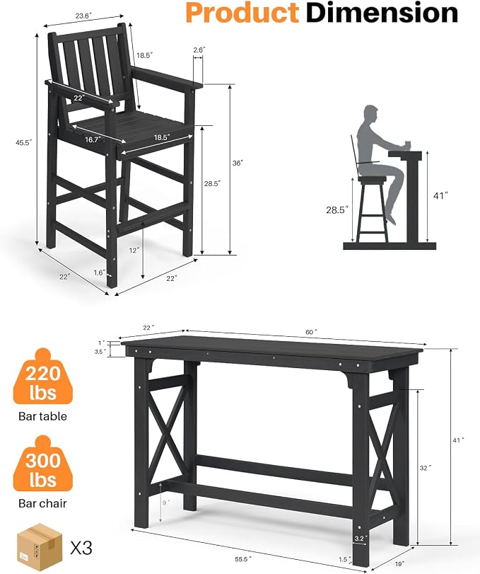 5-Piece HDPE Patio Bar Set, Rectangular Bar Height Table and 4 Adirondack Bar - Image 4