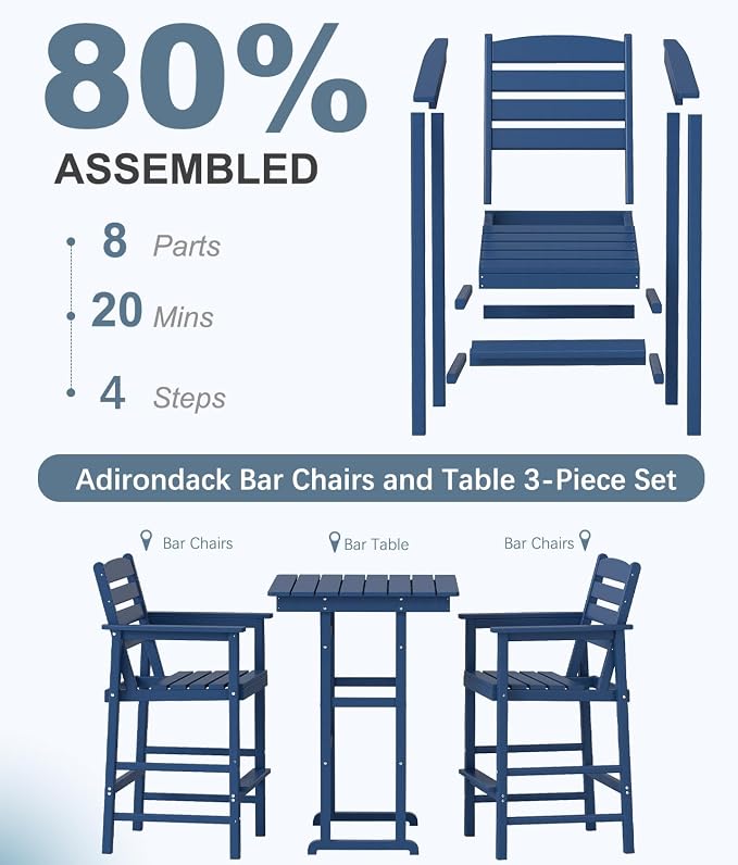 3-Piece Adirondack Bar Table and Chair Set, HDPE All-Weather Bar Height Chairs - Image 6