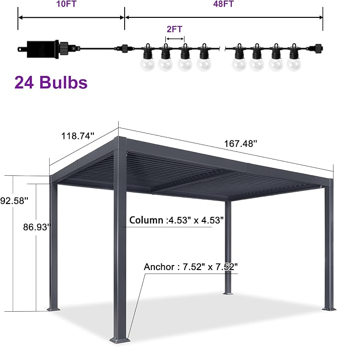PURPLE LEAF Louvered Pergola w/Light 10' x 14' Aluminum Outdoor Pergola - Image 2
