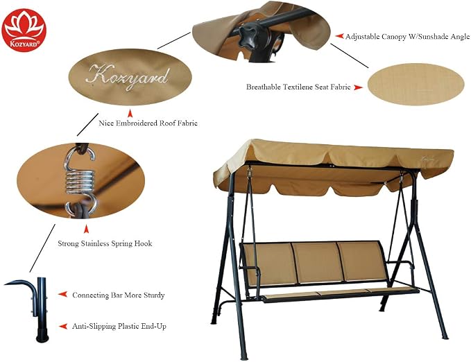 Kozyard 3-Person Outdoor Canopy Porch Swing Chair, Breathable Textilene Armrest - Image 6