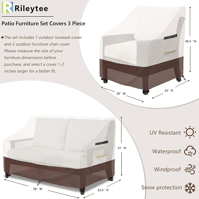 Patio Furniture Covers, 3 Piece Heavy Duty Waterproof Outdoor Furniture Cover - Image 2