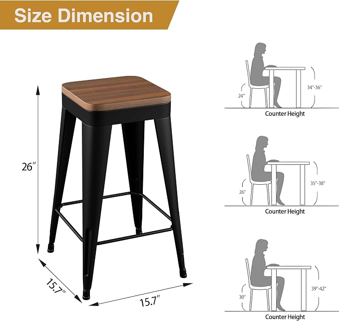 Bar Stools Set of 4 Metal Bar Stool Counter Height Bar Stools Black, Modern 26" - Image 2
