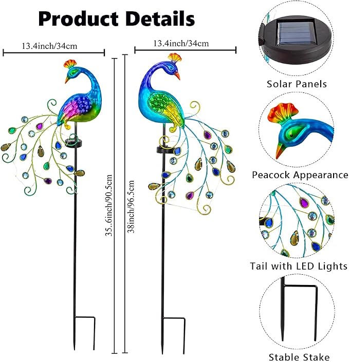 DREAMSOUL 2 Pack Peacock Solar Lights Outdoor, Waterproof Metal Peacock Outdoor - Image 2