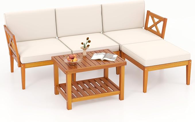 Tangkula L Shaped Outdoor Furniture Set, 5 Pieces Acacia Wood Patio by TANGKULA