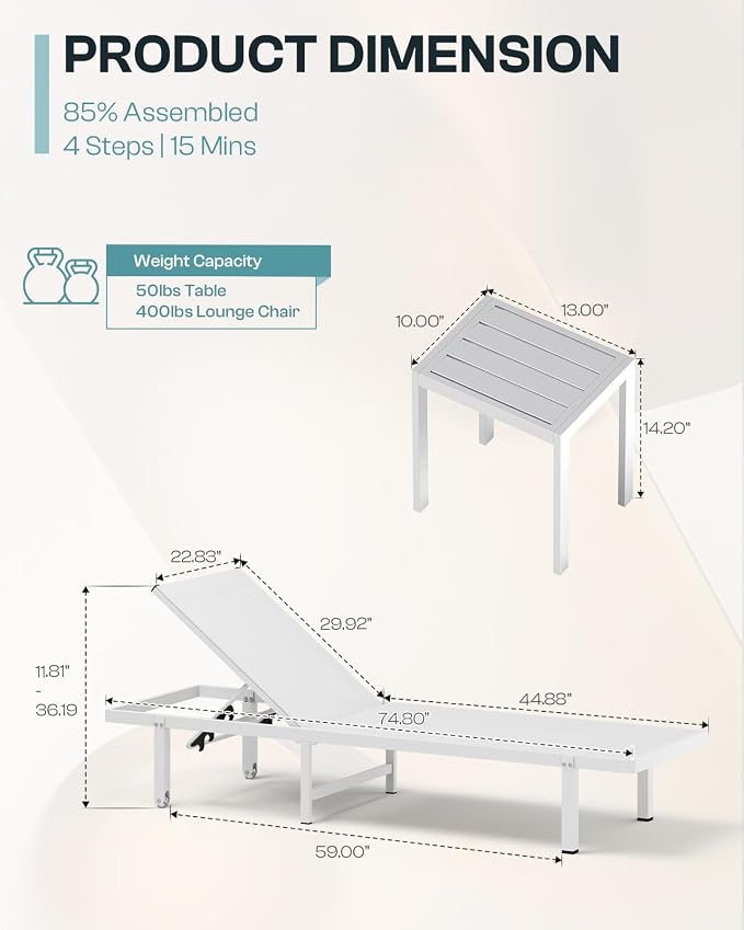 Aluminum Outdoor Lounge Chairs Set of 2, Pool Lounge Chairs - Image 2