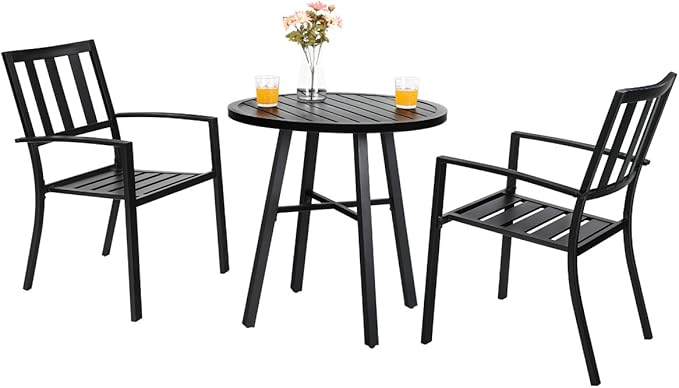 PHI VILLA 3 Piece Outdoor Patio Bistro Dining Set, Slatted Metal Round Table & by PHIVILLAThepioneerofcomfortablehouseholdsupplies