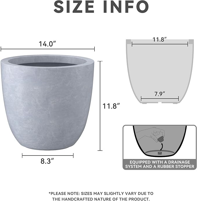 Kante 14 Inch Dia Round Concrete Planter, Indoor Outdoor Large Plant Pot - Image 2