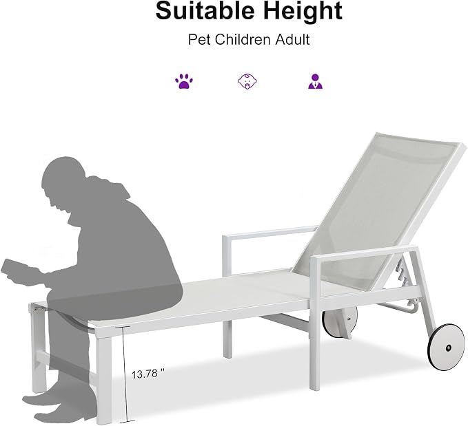 PURPLE LEAF Lounge Chair Outdoor Set 2 Pieces White Aluminum Chaise Lounge - Image 8