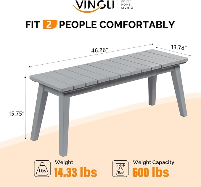 VINGLI Outdoor Wooden Bench, 45” 2-Person Backless Dining Bench, Weatherproof - Image 3