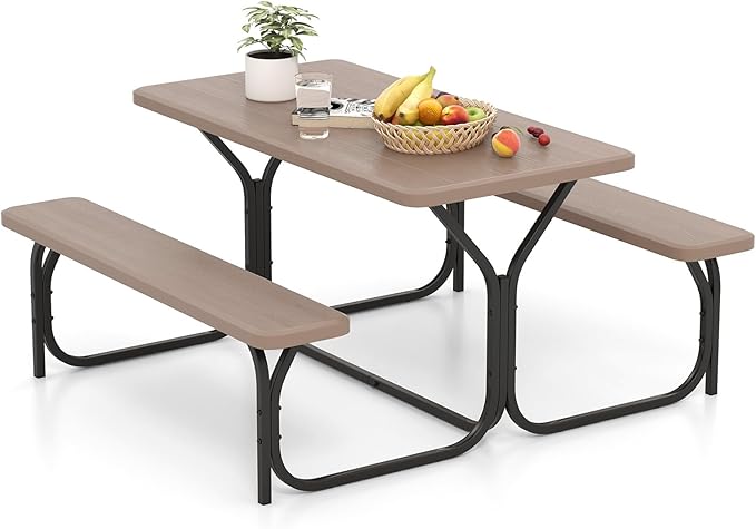 Giantex Picnic Table Bench Set Outdoor Camping All Weather Metal Base Wood-Like by Giantex