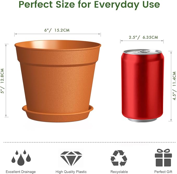 20 Pack 6 Inch Plant Pots with Drainage and Saucers, Plastic Flower Pots - Image 5