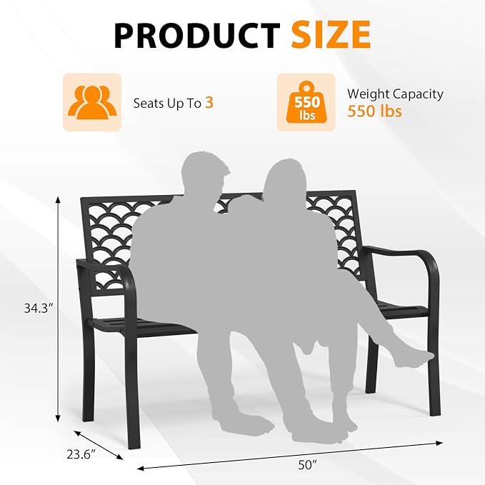 Outdoor Bench Garden Bench, Iron Metal Frame Outdoor Benches Weatherproof - Image 3