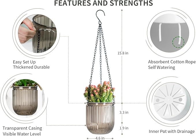 Josteve 4.5 Inch 2 Pcs Self Watering Hanging Planter Indoor Plant Pots Drainage - Image 5