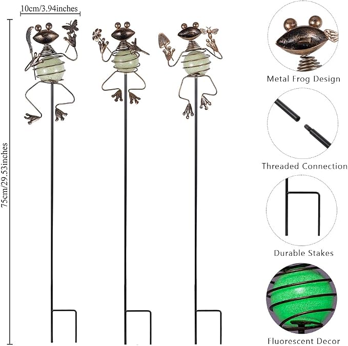 3 Pack Decorative Garden Stakes, Frog Waterproof Metal Spring Decor, Outdoor - Image 3