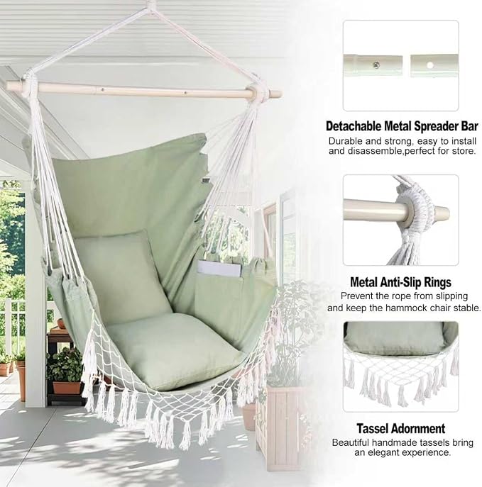 Hammock Chair Hanging Rope Swing Chair, Max 450 Lbs, Large Hanging Chair - Image 6