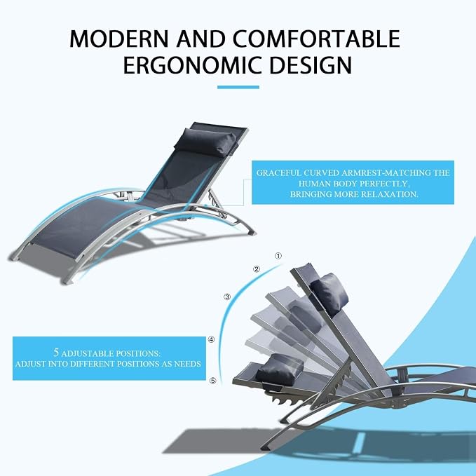 Domi Pool Lounge Chairs Set of 2, Adjustable Aluminum Outdoor Chaise Lounge - Image 3