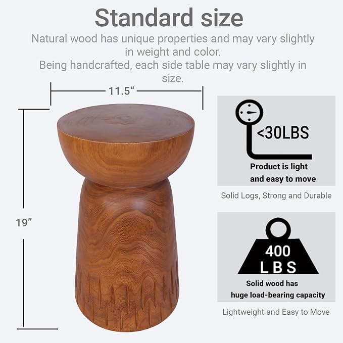 Athaliah 19.25”H Wood Side Table – Natural Wooden End Table, Round Wood Accent - Image 2