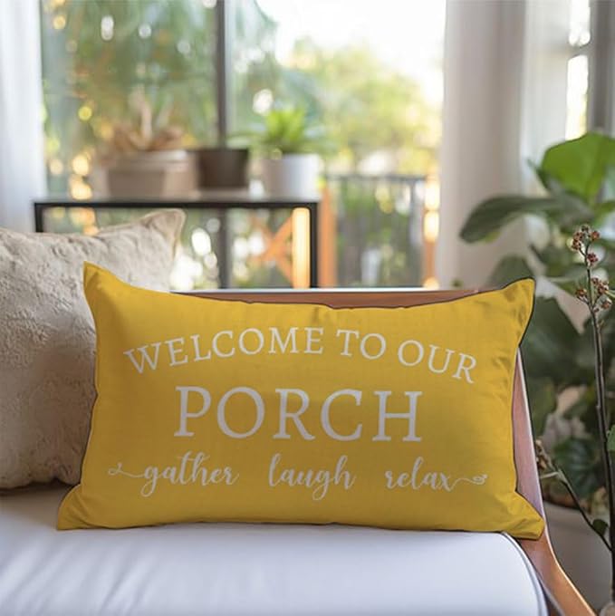 PANDICORN Welcome to Our Porch Stay Awhile Yellow Farmhouse Outdoor Lumbar - Image 2