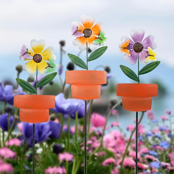 Metal Garden Stakes Decor, 3 Pack Flowers Pot Decorative Garden Stakes - Image 6