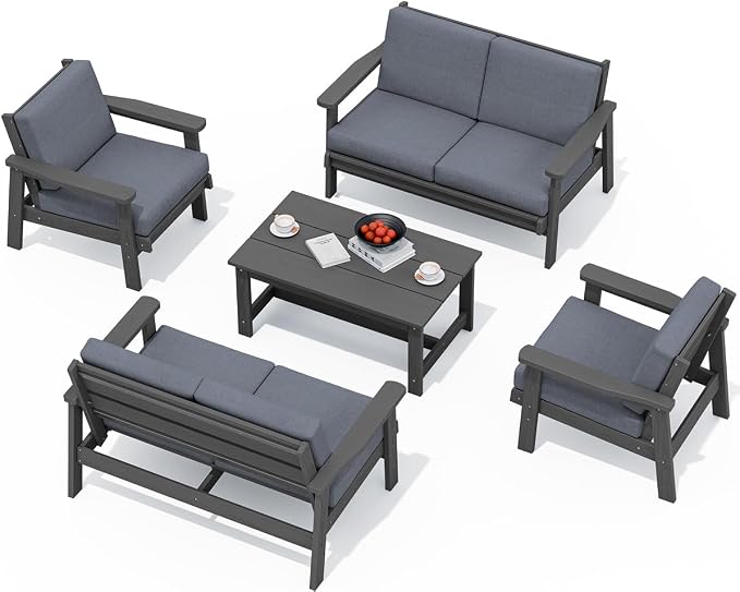 SERWALL HDPE Patio Furniture Set, 5 Piece All Weather Wood-Like Sectional by SERWALL