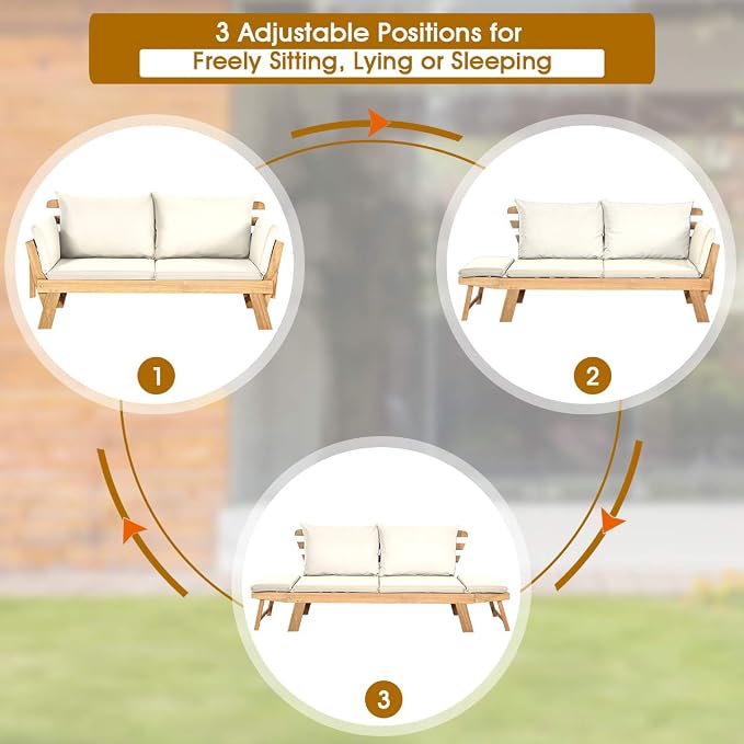 Tangkula Convertible Acacia Wood Patio Couch Sofa Bed - Image 6