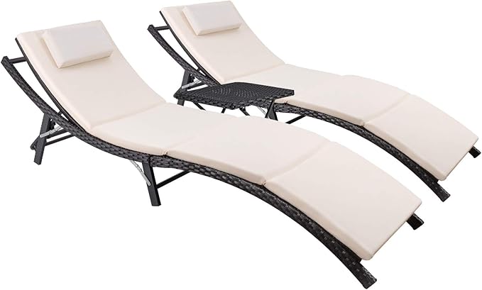 Devoko Patio Chaise Lounge Sets Outdoor Rattan Adjustable Back 3 Pieces by DEVOKO