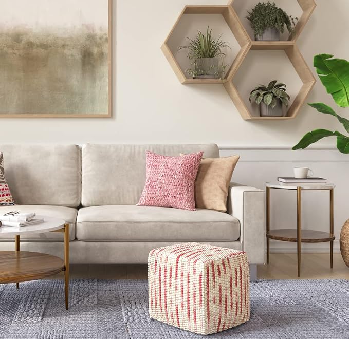 SIMPLIHOME Zoey Boho Cube Woven Pouf in Maroon Cotton and Wool - Image 2