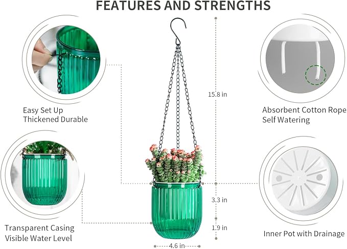Josteve 4.5 Inch 2 Pcs Self Watering Hanging Planter Indoor Plant Pots Drainage - Image 5