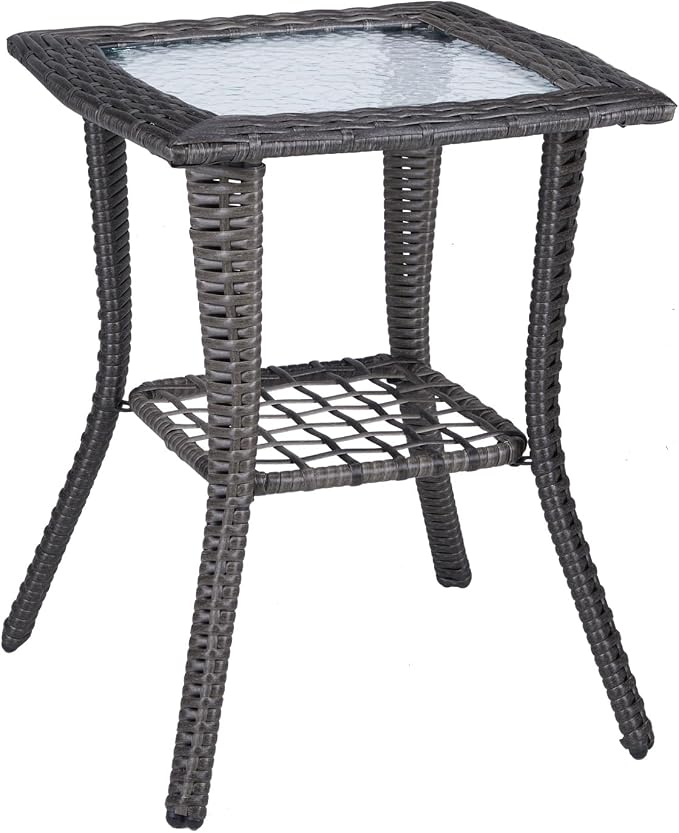 VINGLI Outdoor Side Table with Storage Wicker Patio Side Table, Tempered Glass by VINGLI