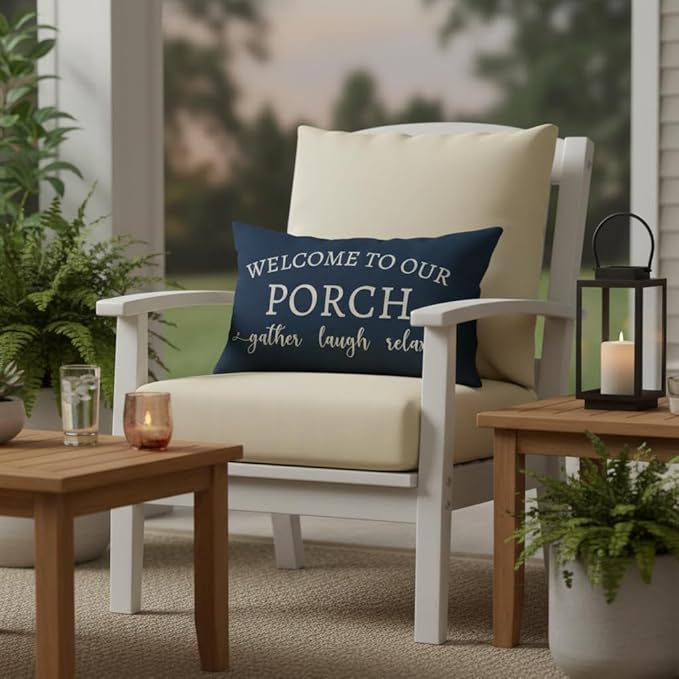 PANDICORN Welcome to Our Porch Stay Awhile Blue Outdoor Farmhouse Lumbar - Image 3