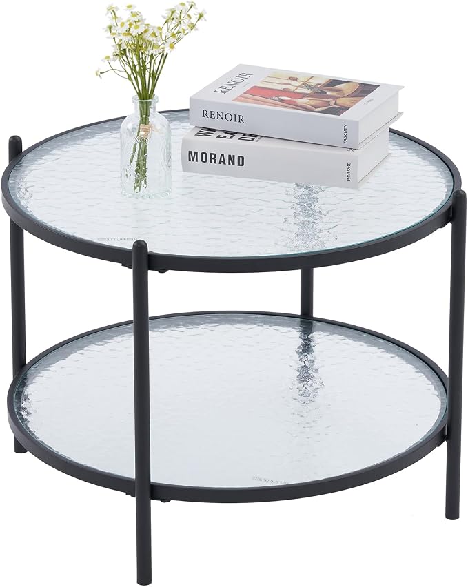 VINGLI 25.6" Small Matte Black Round Coffee Table Water-Wave Glass Circle Clear - Image 9