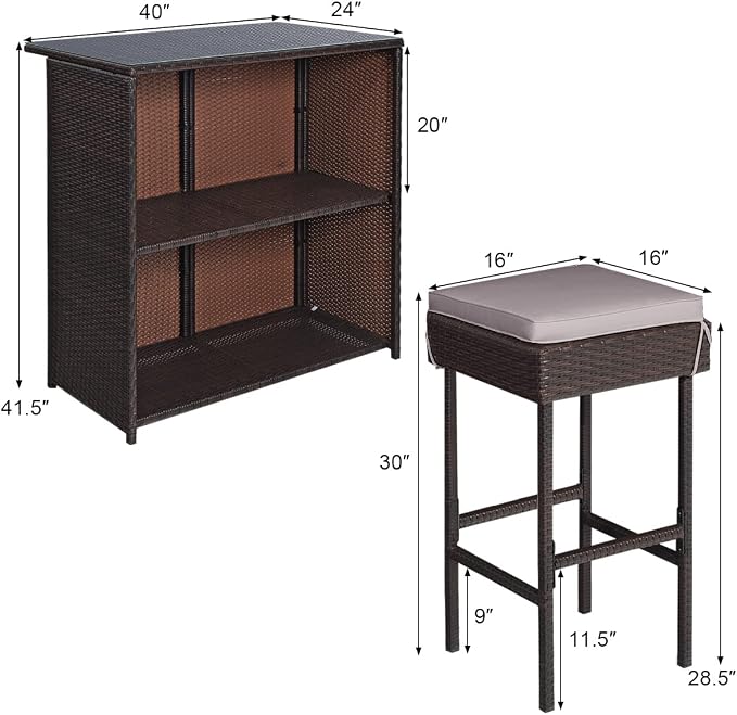 Tangkula Patio Bar Set, 3 Piece Outdoor Rattan Wicker Bar Set - Image 5