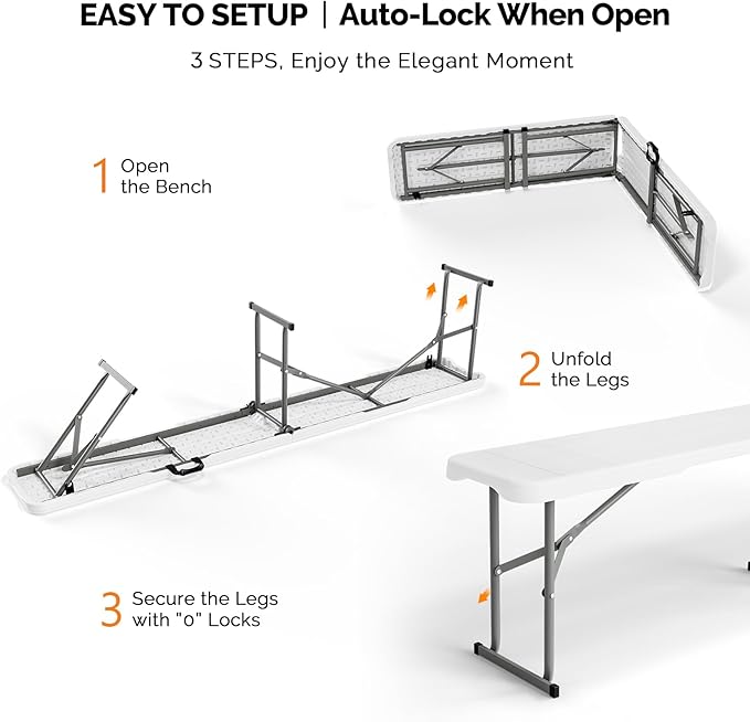 VINGLI 6 feet Plastic Folding Bench, Portable in/Outdoor Picnic Party Camping - Image 9